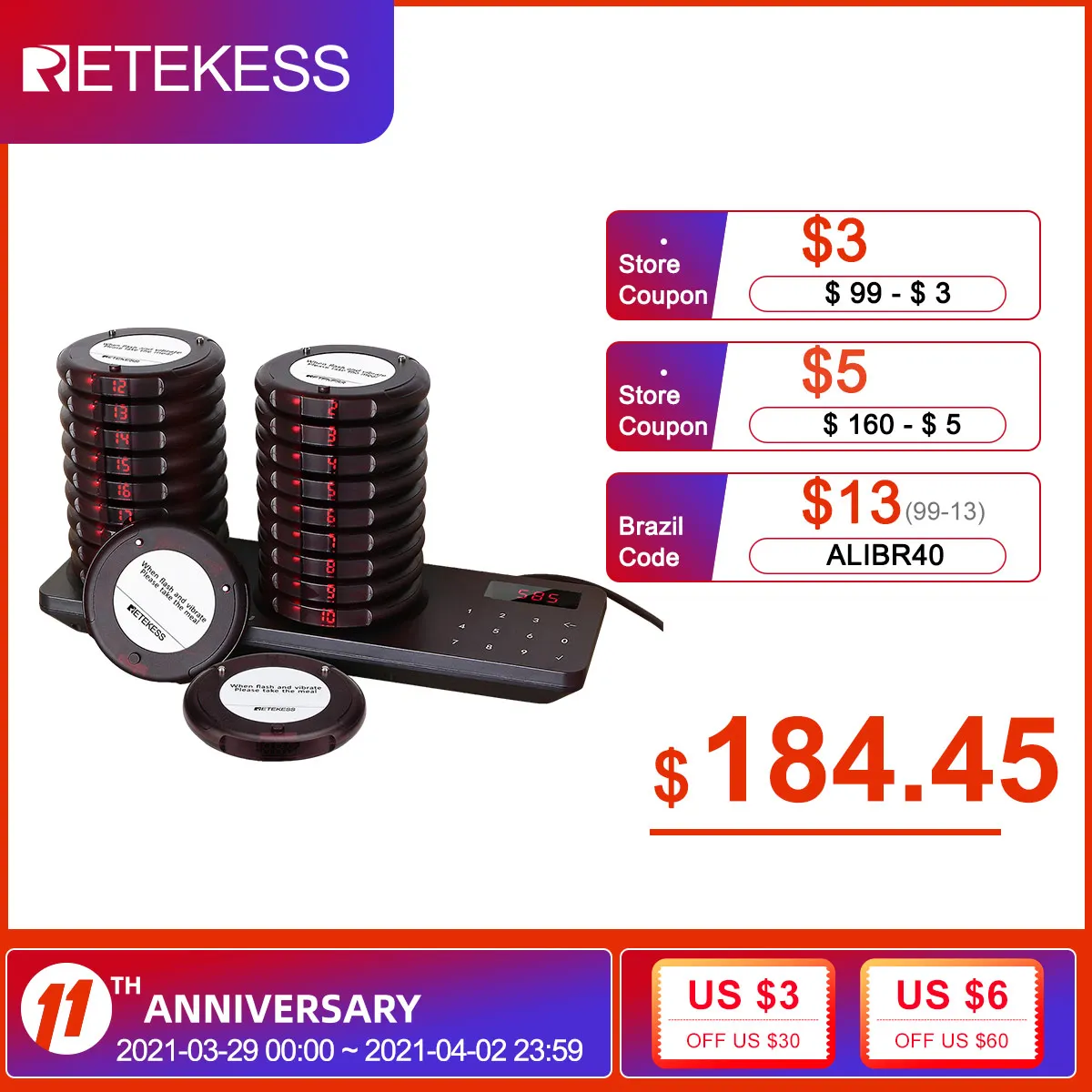Retekess TD163 Pager Restaurant With 20 Buzzers For Restaurant Clinic Hospital Pager System Restaurant Calling System