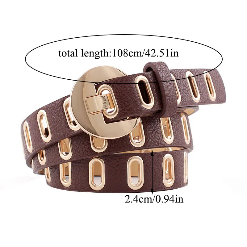 

PU Leather Fashion Casual Personality Hollow Out Women Belt 1Pcs Gold Grommet Pin Buckle Adjustable Hole Punk Rock Leather Belt