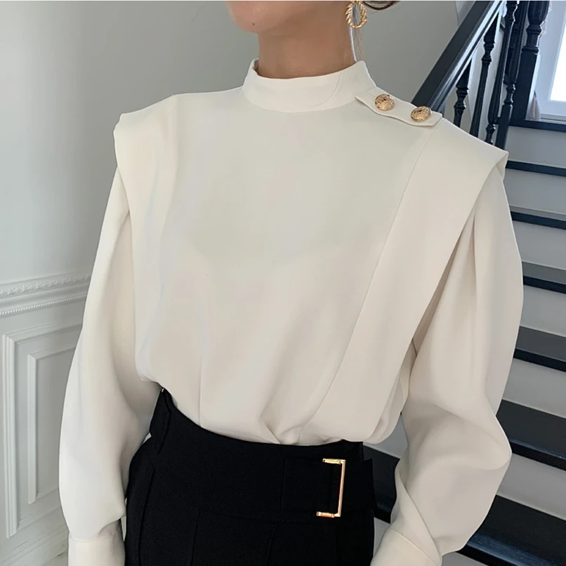 

2021 Autumn Women Chic Elegant Office Ladies White Shirts Stand Collar Buttons Fashion Casual Long Sleeve Blouses Tops