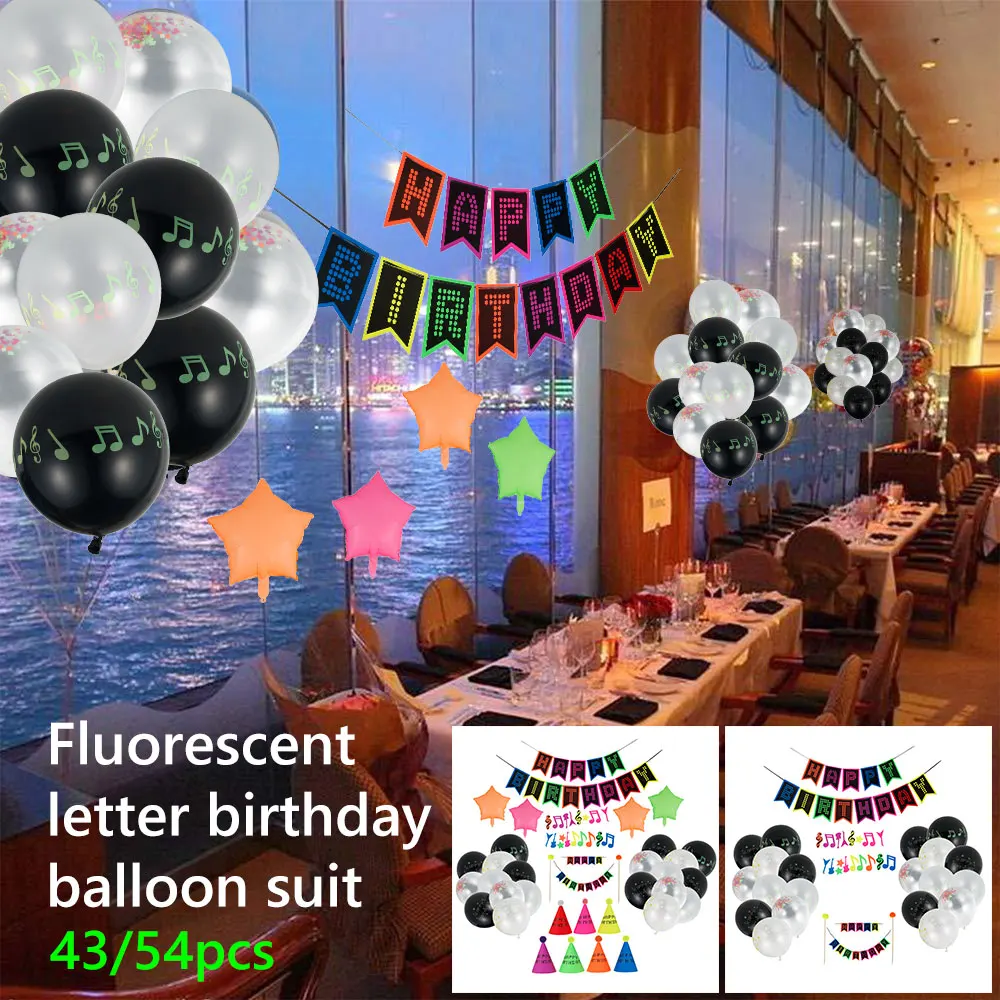 

54Pcs/43Pcs Birthday Party Balloons Kit Fluorescent Letter Latex Glow Swirl Happy Birthday Banner Decorations with Pull Flag