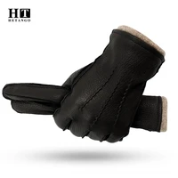 new mens winter gloves deerskin warm soft external suture outdoor black wave pattern high quality cold gloves wool lining