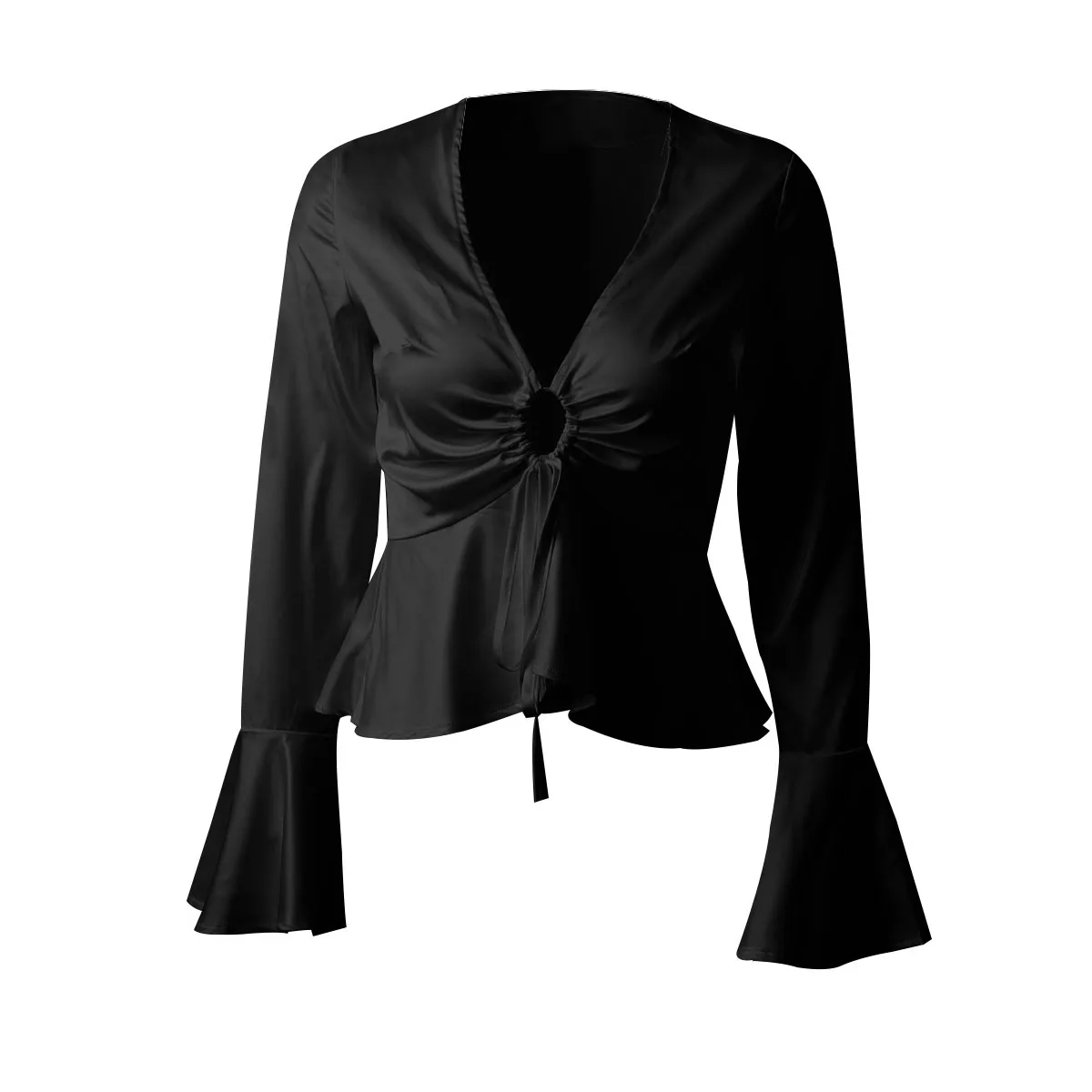 

Autumn Women Blouse Lotus Leaf Sleeve V Neck Fashion Chiffon Unlined Upper Garment Blouse Top