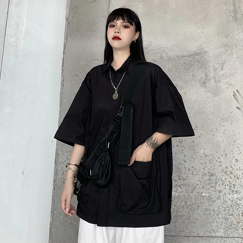 

Japan Style Harajuku Women Short Sleeve Shirt Blouses Loose Casual Retro All-Match Big Pocket Oversized Tops 2021 New Summer