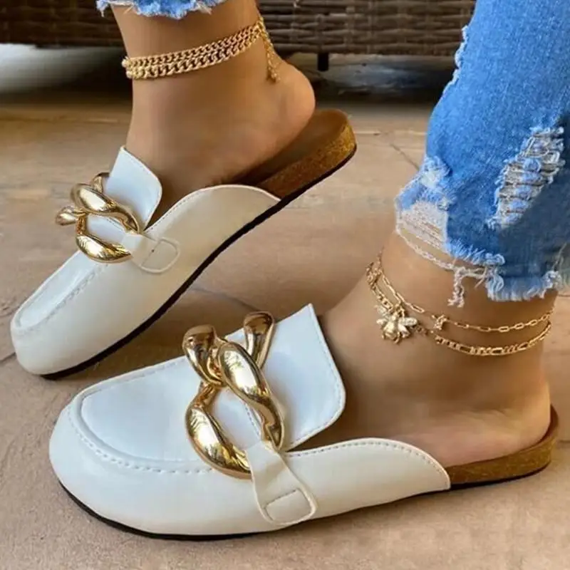 

Women's Solid Color PU Sleeve Half-drag Metal Chain Decoration Classic Fashion Casual All-match Sandals and Slippers 6KF052