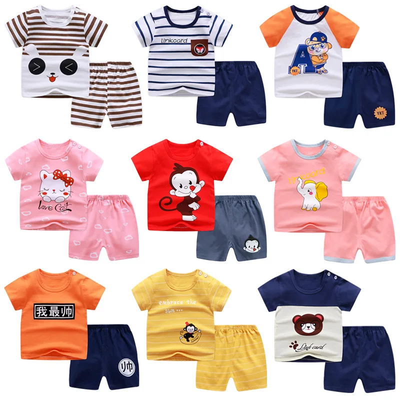 Summer Baby Cotton Suits Cool Short-sleeved T-Shirt and Pants for Babies Toddler Boys Girls Children Kids Clothes Cartoon | Детская