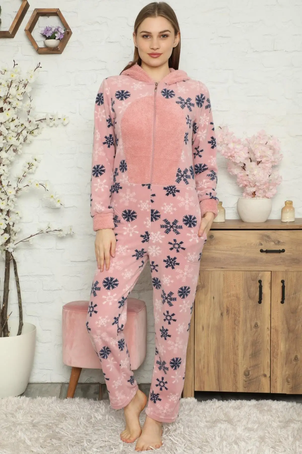 Women's Pink Snowflake Pattern Fleece Plush Jumpsuit Sleepwear Turkish Made Stylish Design Welcome Quality Wink Attractive Trend 2021 Style new Fashion