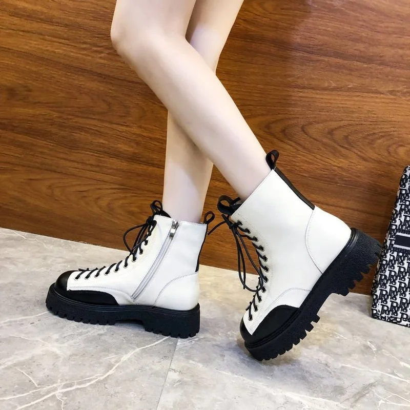 

Женские мотоциклетные ботинки на платформе, разноцветные ботильоны из искусственной кожи с перекрестными ремешками, обувь на осень-зиму 2021