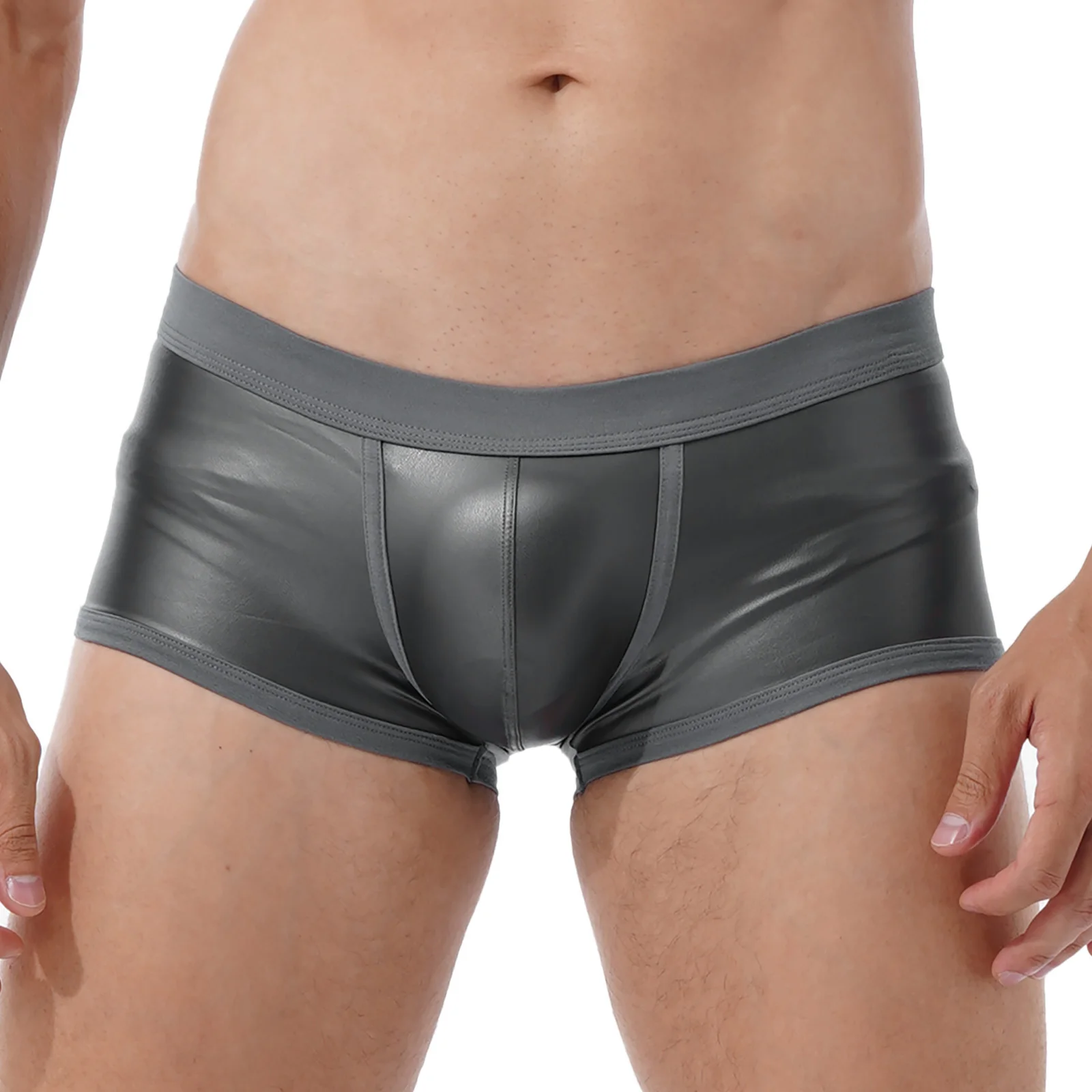 

Mens Faux Leather Boxer Shorts Low Waist Sports Swimming Trunks Swimwear Board Shorts Bulge Pouch Elastic Waistband Underpants