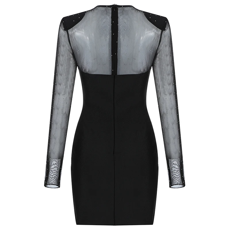 

INDRESSME 2020 New Fashion Elegant O Neck Diamond Mesh Long Sleeve Bandage Mini Black Dresses Women Party Sexy Vestidos