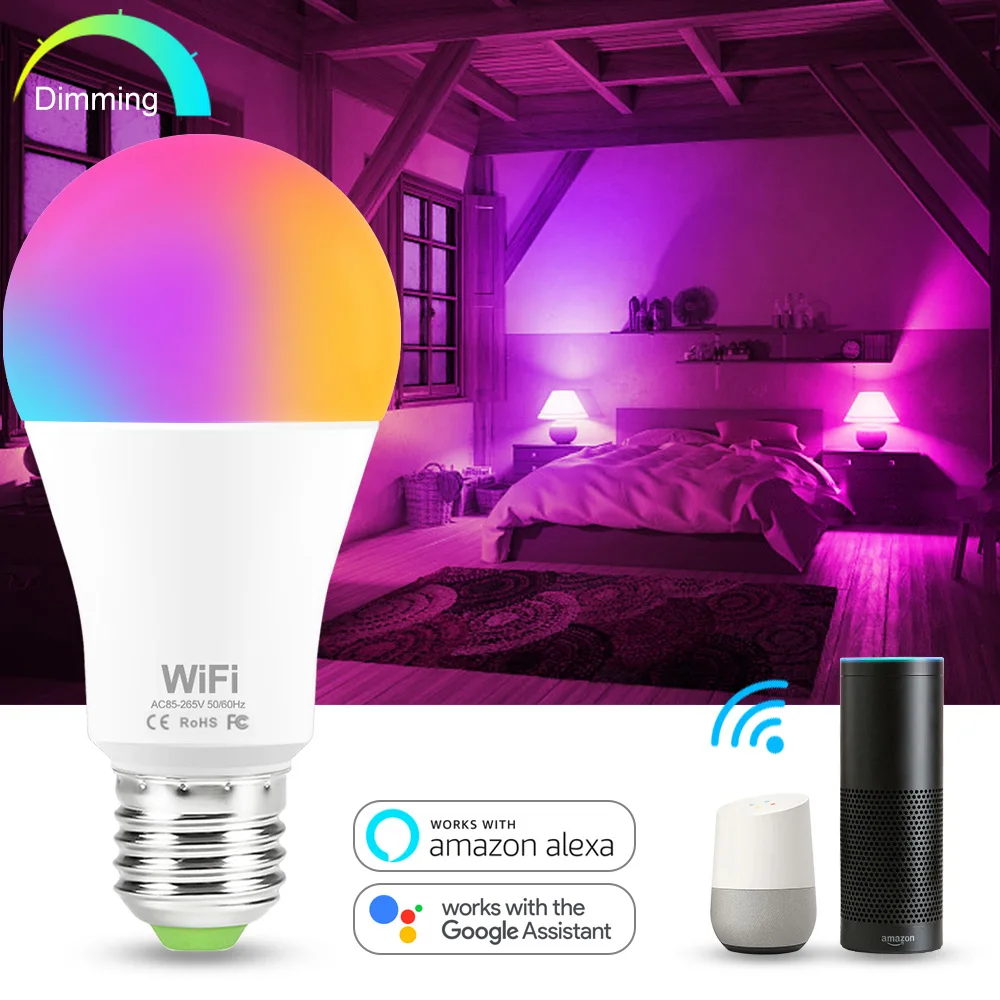 

Dimmable 15W WiFi Smart Light Bulb E27 B22 RGB Lamp AC85-265V APP Voice Control Smart Bulbs Works with Amazon Alexa Google Home