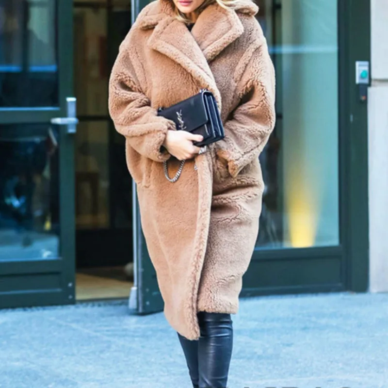 

Женское длинное пальто из искусственного меха, зимнее теплое пальто средней длины с лацканами из искусственного меха лисы, 2021