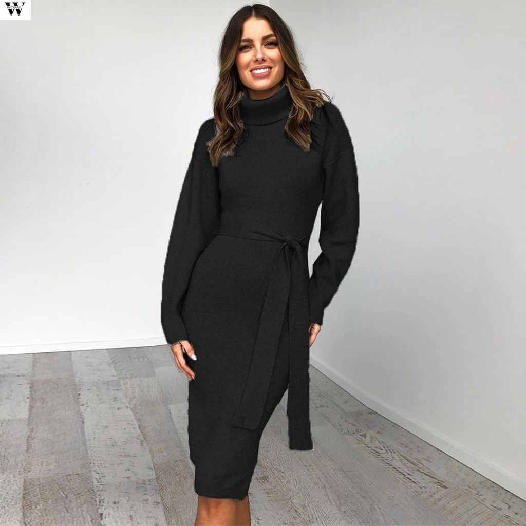 Женское осеннее платье с длинным рукавом и высоким воротником однотонное серое