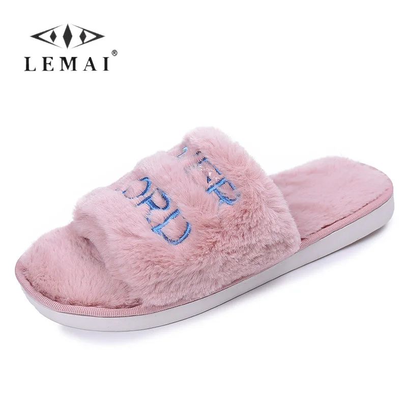 

Letter Print Winter Women's Slippers Open Toe Fur Slides Shoes Flat Comfortable Breathable Pink Slippers 2021 for Women