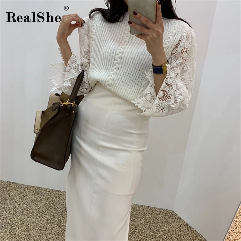 RealShe кашемировый женский свитер с круглым вырезом и кружевными расклешенными