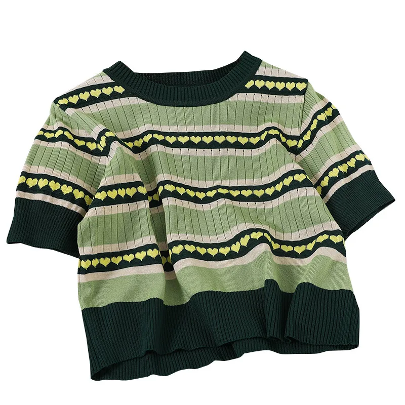 

Women Round Neck Printed Heart Loose Knitted Pullover T-Shirt Sweater Top 2021 Summer Short Sleeve Patchwork Chic Pull Femme