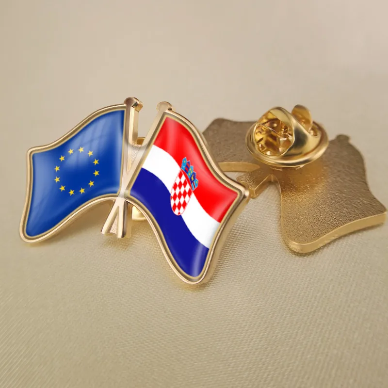 

European Union and Croatia Crossed Double Friendship Flags Brooch Badges Lapel Pins