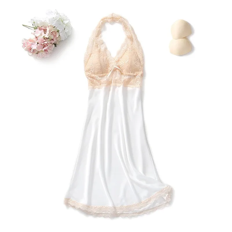 

Lace Halter Rayon 4PCS Robe Gown Set Sexy V-Neck Backless Shorts Lady Sleepwear With Bra Summer New Casual Bow Home Clothes