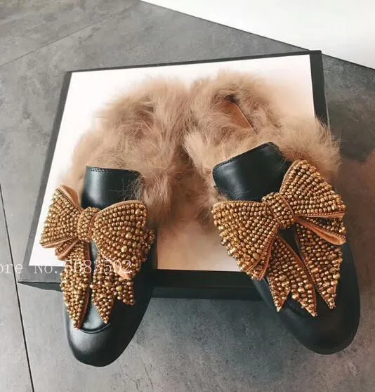 Модные женские зимние тапочки с украшением в виде кристаллов и большим бантом