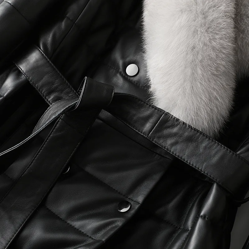 Black High Quality Classic Sheepskin Fox Fur Collar Coat Autumn and Winter Fashion New Leather Down Jacket Women's Long Outwear