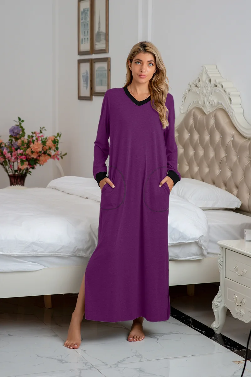 

Cotton Sleepwear Halloween Smiling Face with Long Sleeves Nigth Wear V Collar Casual Nightgown Pijamas Women