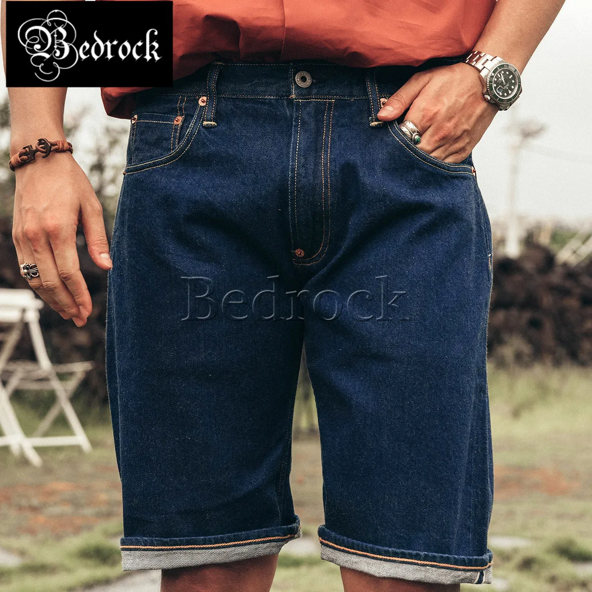 selvedge 12.5oz raw denim shorts retro Paris buckle original denim shorts men's one washed blue straight-leg knee length pants