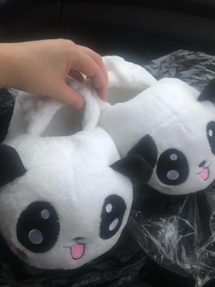 Зимние домашние тапочки с пандой меховые на плоской подошве рисунком милые