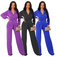 v neck long sleeve jumpsuits high waist lace up slim straight solid commute women outfits elegant female office lady jumpsuits