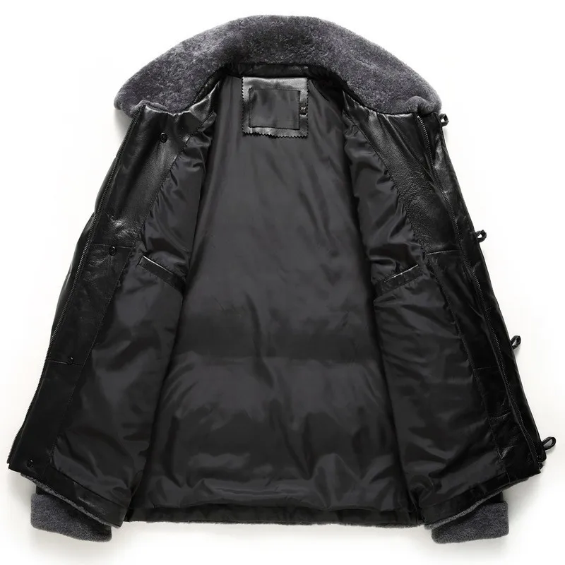 Мужская приталенная куртка пуховик из натуральной кожи мотоциклетный