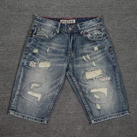 newly fashion summer men jeans retro blue destroyed ripped denim shorts embroidery patches designer hip hop short jeans for men