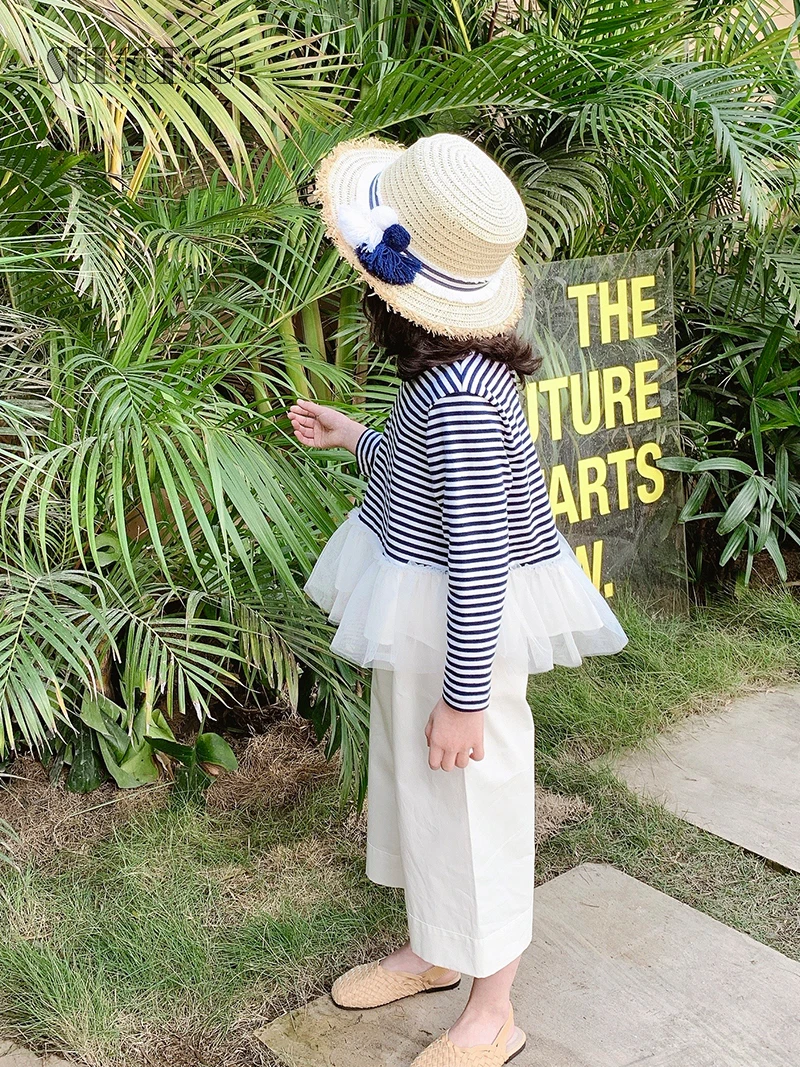 Летний хлопковый костюм Sumcico с тюлевым топом в полоску глянцевый брючный милый