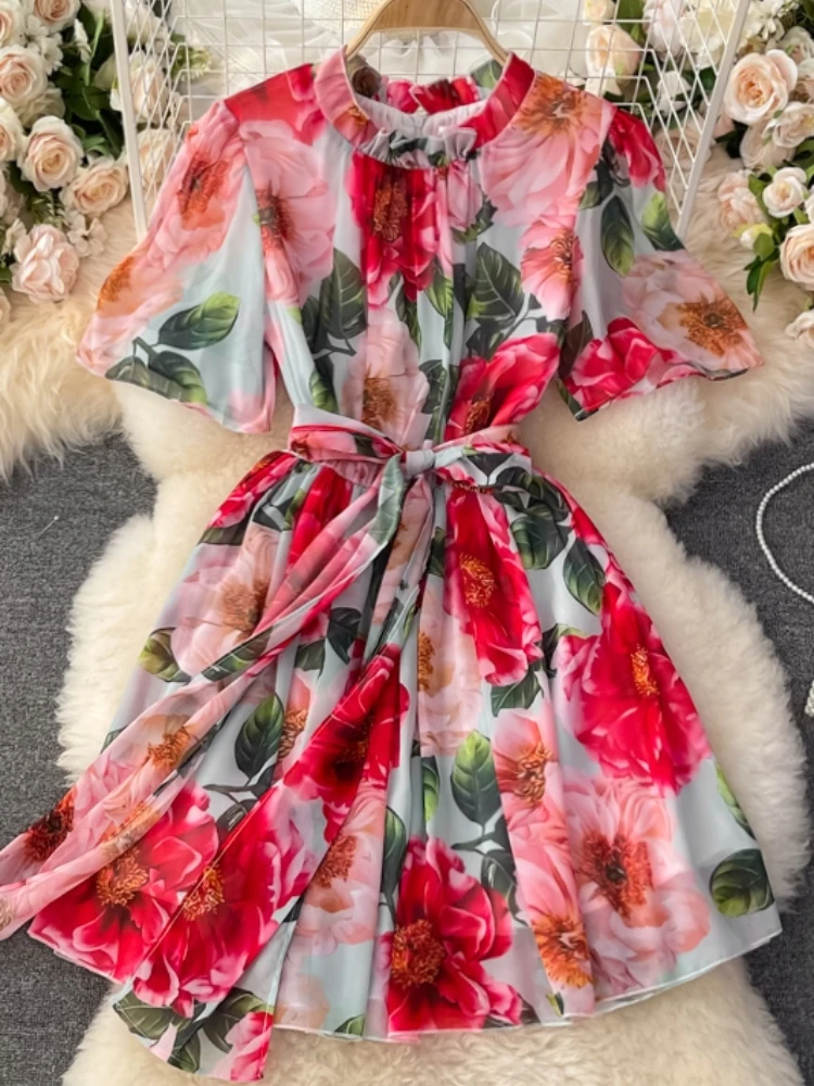 

Aibeautyer New Summer Aline Stand Collar Short Lady Dress Casual Slim Floral Print High Waist Women Mid-Calf Dresses