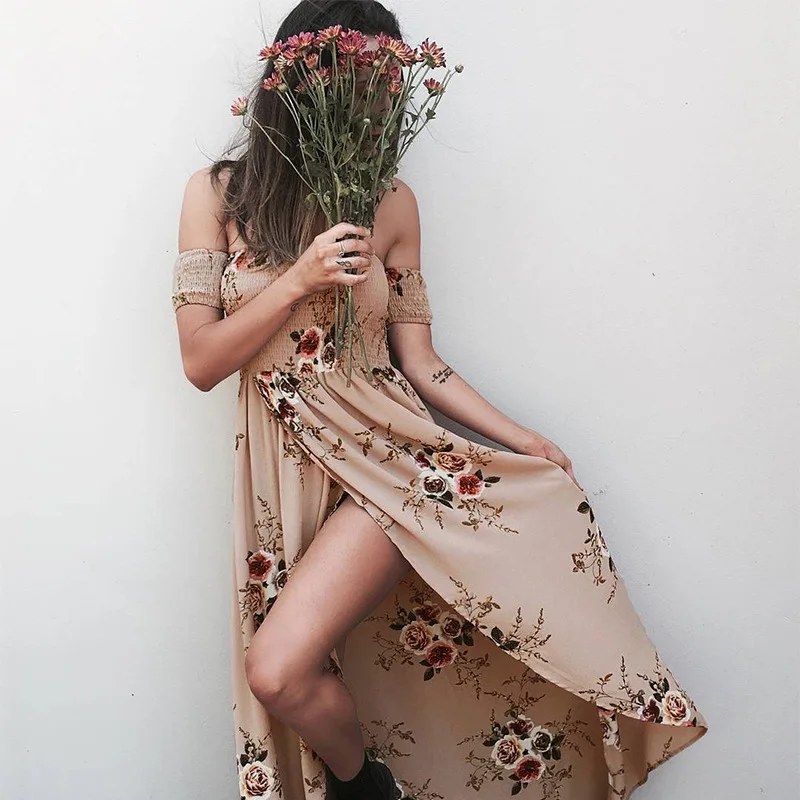 

Women Summer Maxi Dress Vintage Party Sundress Print Pink Clothes Casual Sexy Split Dress 2020 Beach Dress Clothing boho Dresses
