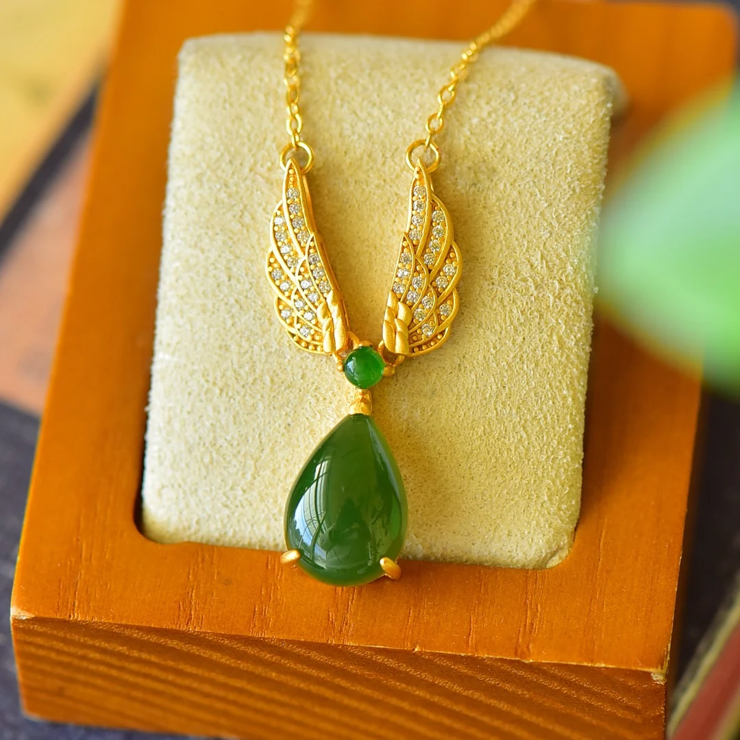 Женское ожерелье из серебра 925 пробы с нефритовым нефритом И крыльями ангела