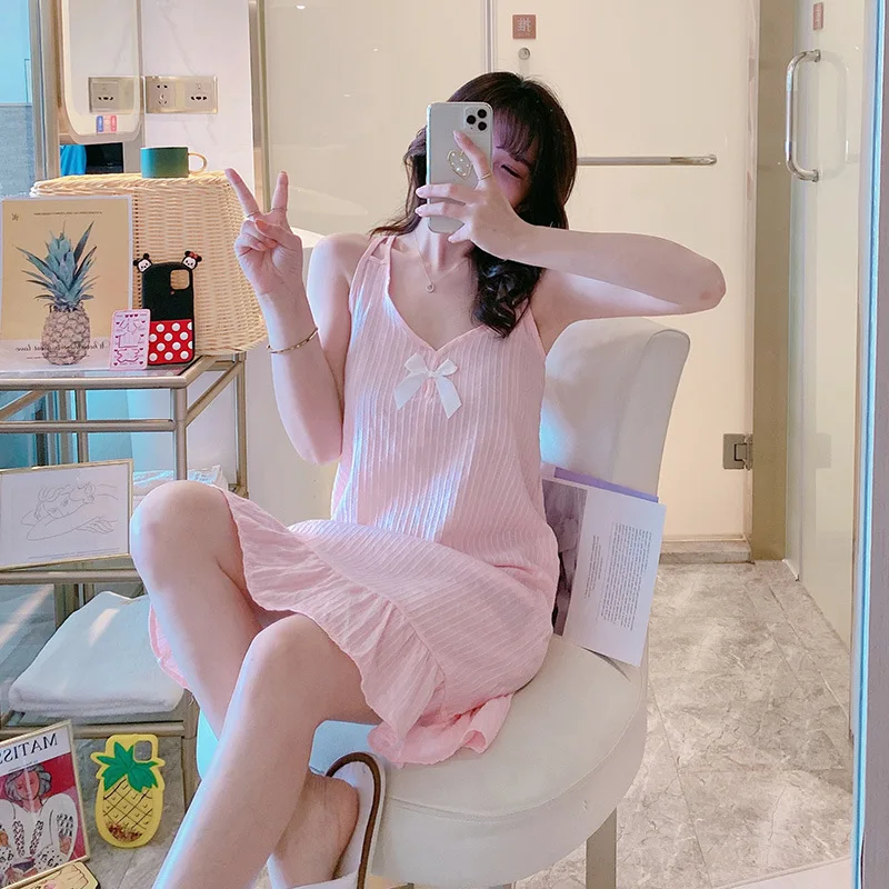 Summer New Style Women's Nightdress Solid Color Lovely Sweet Nightgown & Sleepstirts Korean Version Sling Skirt Home Clothes