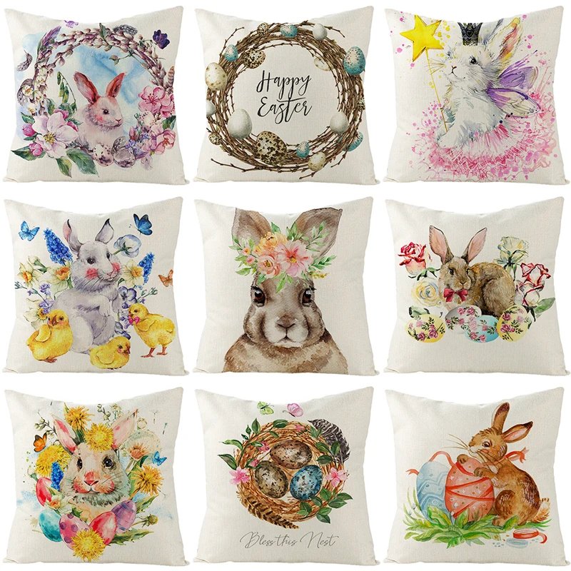 

LuanQI Easter Decoration Cushion Cover Rabbit Egg Print Linen Pillow Case 45X45CM for Home Party Decorations