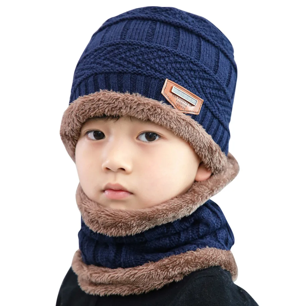 2 Pcs Set Baby's Hat Banie Toddler Infant Fleece Contrast Colors Knitted Warm Winter Hats For Kid Hat+Scarf Two Piece #66 | Детская