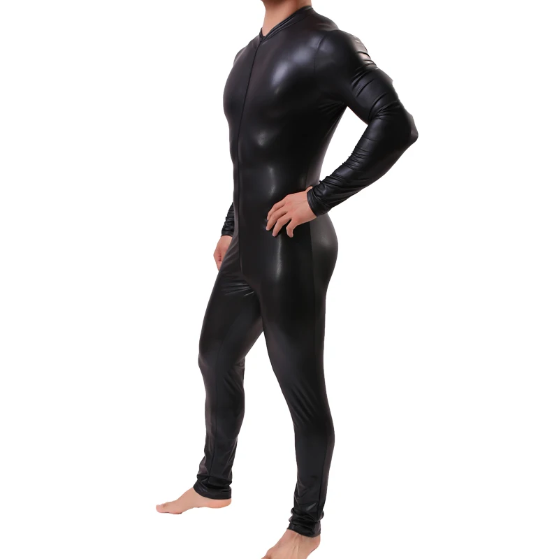 Мужской кожаный латексный костюм боди черное блестящее эротическое белье одежда