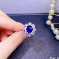 fine jewelry 925 sterling silver inset with large natural gemstone womens classic lovely flower sapphire adjustable ring suppor