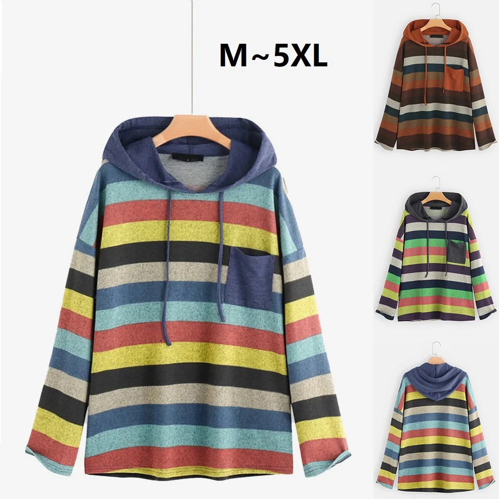 

Весенне-осенний Женский пуловер с капюшоном, куртка с карманами, свободный длинный рукав, в полоску, большой размер, вязаный свитер, Tess M-5XL