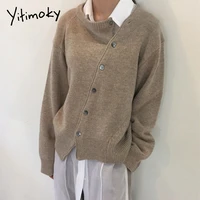 yitimoky khaki cardigan for women sweater irregular knitted oblique single breasted 2021 fall clothes grey casual fashion new