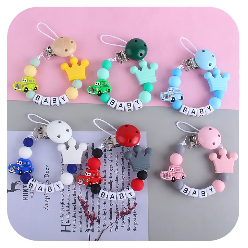 Kissteether-Cadena de chupete de silicona para beb&eacute;, amuletos de corona de coche, cuentas de silicona, mordedor Molar, juguete, cadena de chupete, soporte de Clip-3