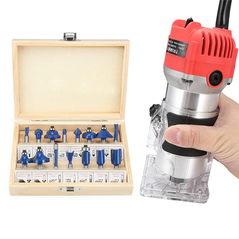 C Trimmer and cutter Электрический деревообрабатывающий фрезерный станок+ 15 шт 1/4 хвостовик фрезы Фрезы электроинструменты набор для резьбы по дереву долбежная Обрезка - Цвет: C Trimmer and cutter