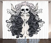 gothic curtains woman with long hair and horns roses skull mysterious hunted folklore artwork living room bedroom window drapes