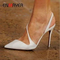 enmayer mature pu pointed toe wedding shoes basic party slip on womens shoes solid narrow band thin heels women sandals 34 43