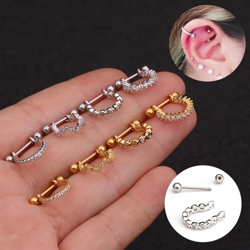 

316L Stainless Steel Piercing Studs Earrings D-Shaped Barbell Zircon Ear Bone Nail Tragus Cartilage Cuffs Piercing Body Jewelry