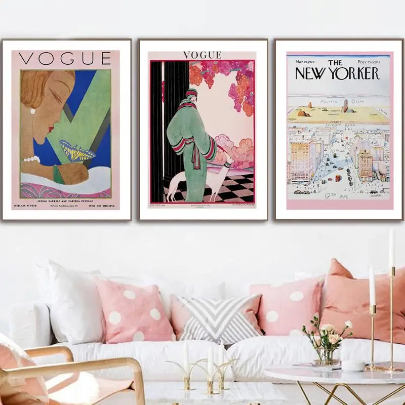 

Nordic Anstract Vogues Woman Vintage Canvas Painting Fashion Magazine Cover New York Landscape Wall Art Poster Home Decor Store