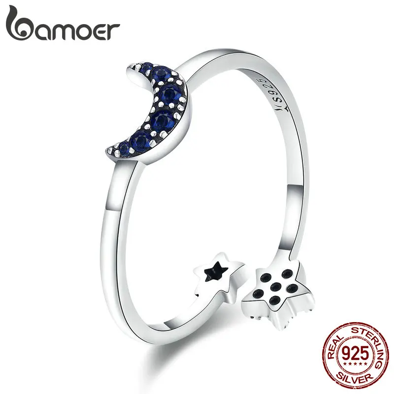 BAMOER, настоящее 925 пробы, серебряные Сверкающие Голубые Лунные звезды, прозрачные CZ кольца на палец для женщин, Свадебные обручальные ювелирные изделия, anel SCR437