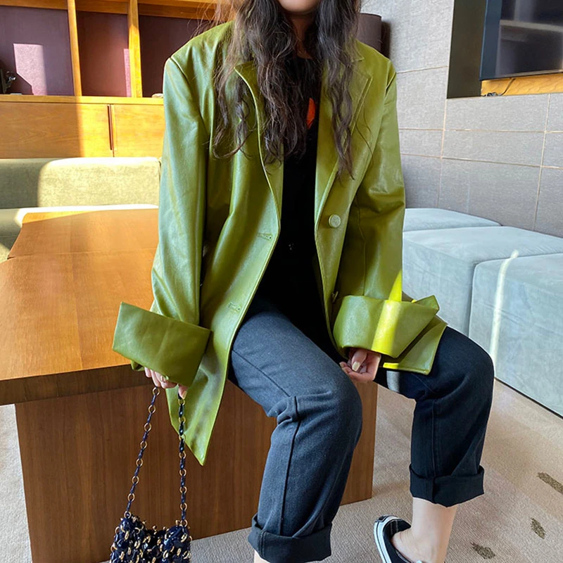 Korea loose version of solid color pu leather jacket new lapel long-sleeved women's coat fashion trend spring 2021 leather jacke
