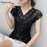 2021 summer sexy lace women blouse new v neck glitter sequin gauze patchwork tops elegant short sleeve slim black t shirt 14652