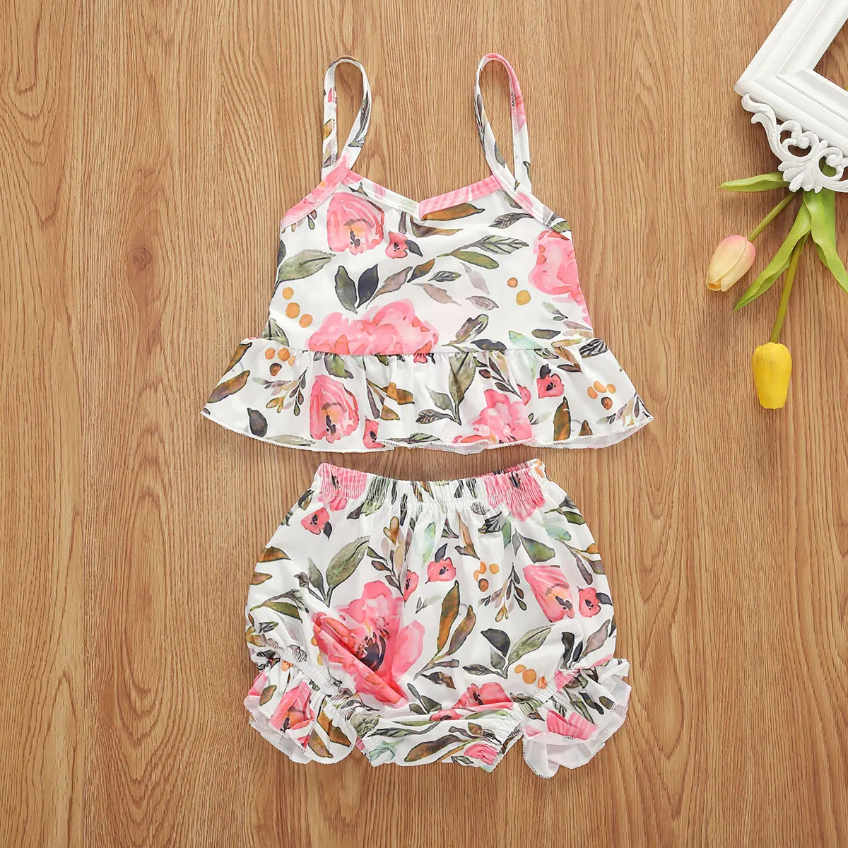 6M-4T Children Fashion Print Two-piece Outfit Ruffle Tank Top Shorts Casual Style Clothes 2Pcs | Детская одежда и обувь